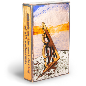 Side view of Houston Llew Spiritile #255 ‘Tardis’ – A vibrant glass enamel tile with an iconic blue police box design and an inspiring quote about time and adventure.