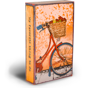 Side view of Houston Llew Spiritile #274 ‘Fresh Ride’ – Glass-on-copper artwork with vibrant enamel colors and a motivational quote about adventure.