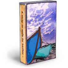 Load image into Gallery viewer, Side view of Houston Llew Spiritile #274 ‘Sea Worthy’ – A nautical-inspired glass enamel art tile with a timeless sailboat design and an inspiring quote.