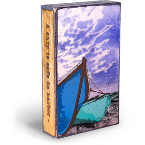 Side view of Houston Llew Spiritile #274 ‘Sea Worthy’ – A nautical-inspired glass enamel art tile with a timeless sailboat design and an inspiring quote.