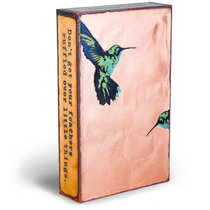 Side view of Wing It Spiritile by Houston Llew – Kiln-fired glass on copper tile with engraved inspirational quote and wrapped edges.